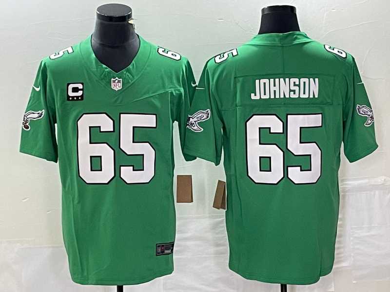 Mens Philadelphia Eagles #65 Lane Johnson Green C Patch 2023 FUSE Vapor Limited Throwback Stitched Jersey